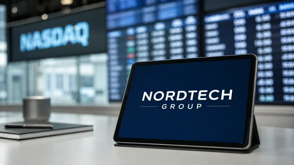 Nordtech IPO med surfplatta och Nasdaq i bakgrunden