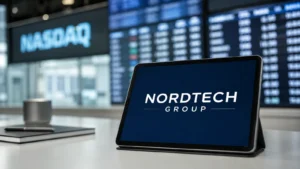 Nordtech IPO med surfplatta och Nasdaq i bakgrunden